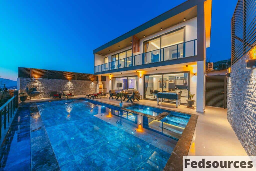 A luxury villa with a swimming pool at night